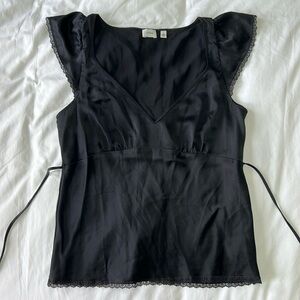 100% Silk Lace Trim Black V Neck Blouse